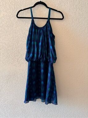 RITU KUMAR Women’s 100% Silk Blue Teal Tulip Pattern Blouson Style Dress Sz‎ 4